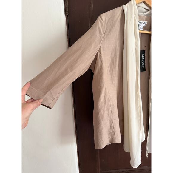 WINTERSILKS | Linen and Silk Tan and cream Drape Collar Overshirt Shacket Medium - Picture 2 of 9
